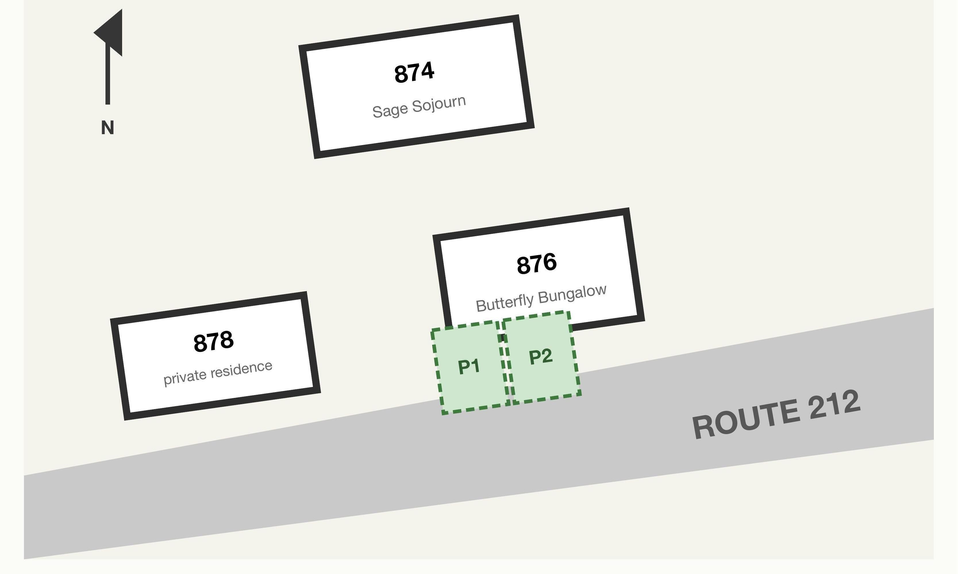 A map with labeled points 874, 876, and 878, indicating locations such as Sage Sojourn, Butterfly Bungalow, and a private residence. Route 212 is also marked.