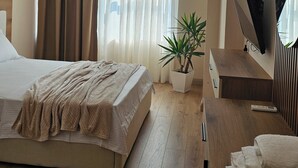 A modern hotel room with a bed, a bedside table with a lamp, a potted plant, and a large window with curtains. - The Center 102 (Shkodër)