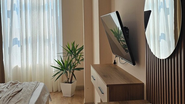A modern bedroom with a bed, bedside table, TV, mirror, and a potted plant. - The Center 102 (Shkodër)