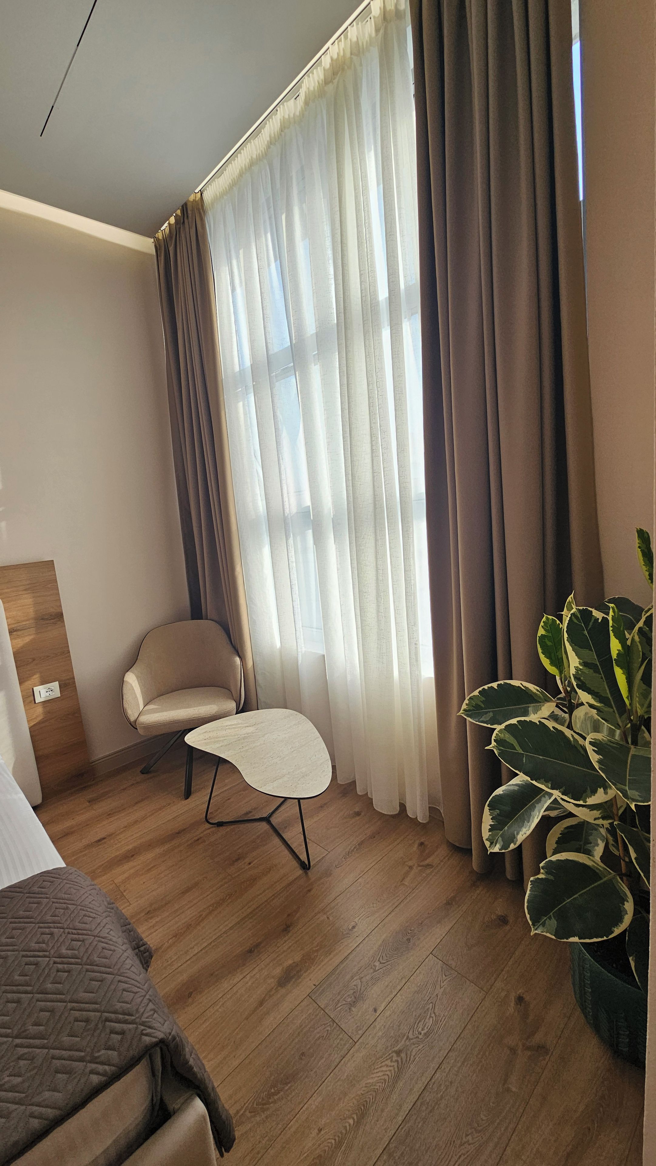 A room with a bed, a chair, a table, a potted plant, and a window with curtains.