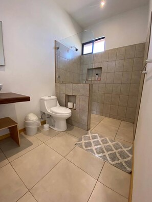 Ein Badezimmer mit Toilette, Bidet und Duschbereich.
