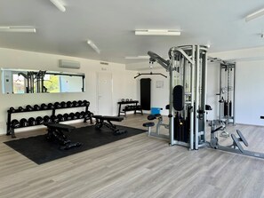 A gym with weightlifting equipment, benches, and a mirror. - Apartment 8 – Palermo (Tremosine sul Garda)