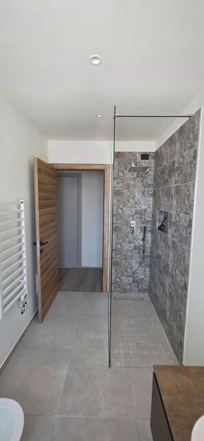 A modern bathroom with a shower, a toilet, and a wooden door. - Residence Sermerio - Apartment "Roma" (Tremosine sul Garda)