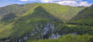 A mountainous landscape with dense greenery and rocky cliffs. - Residence Sermerio - Apartment "Roma" (Tremosine sul Garda)
