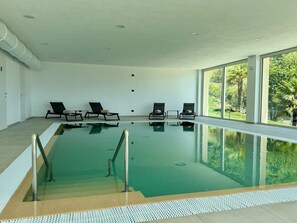 Ein Hallenbad mit vier Liegestühlen, großzügigen Fenstern mit freiem Blick ins Freie und einem gefliesten Boden.