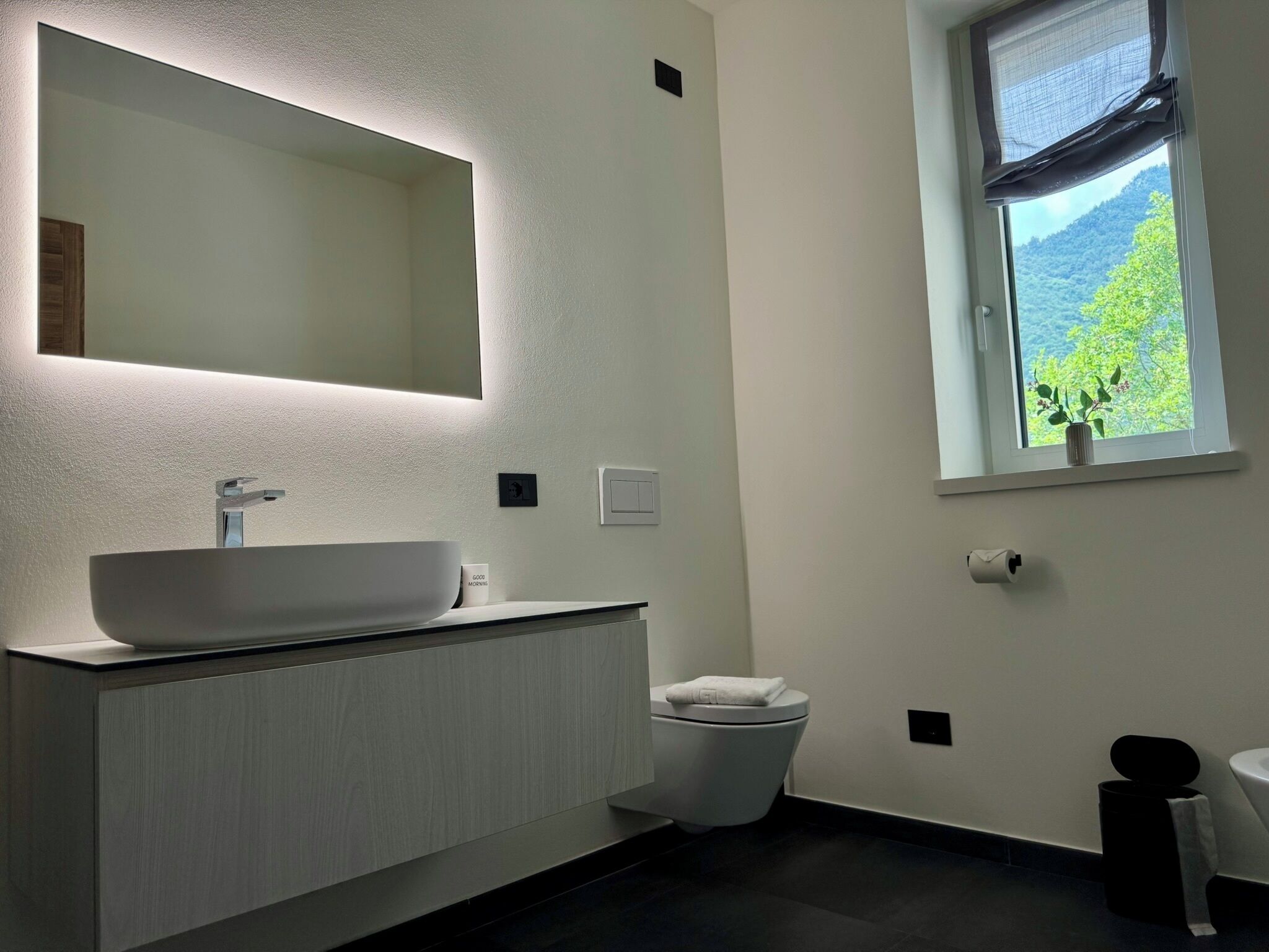Un bagno moderno con uno specchio grande, un lavandino bianco, un water e una finestra con vista sul verde.