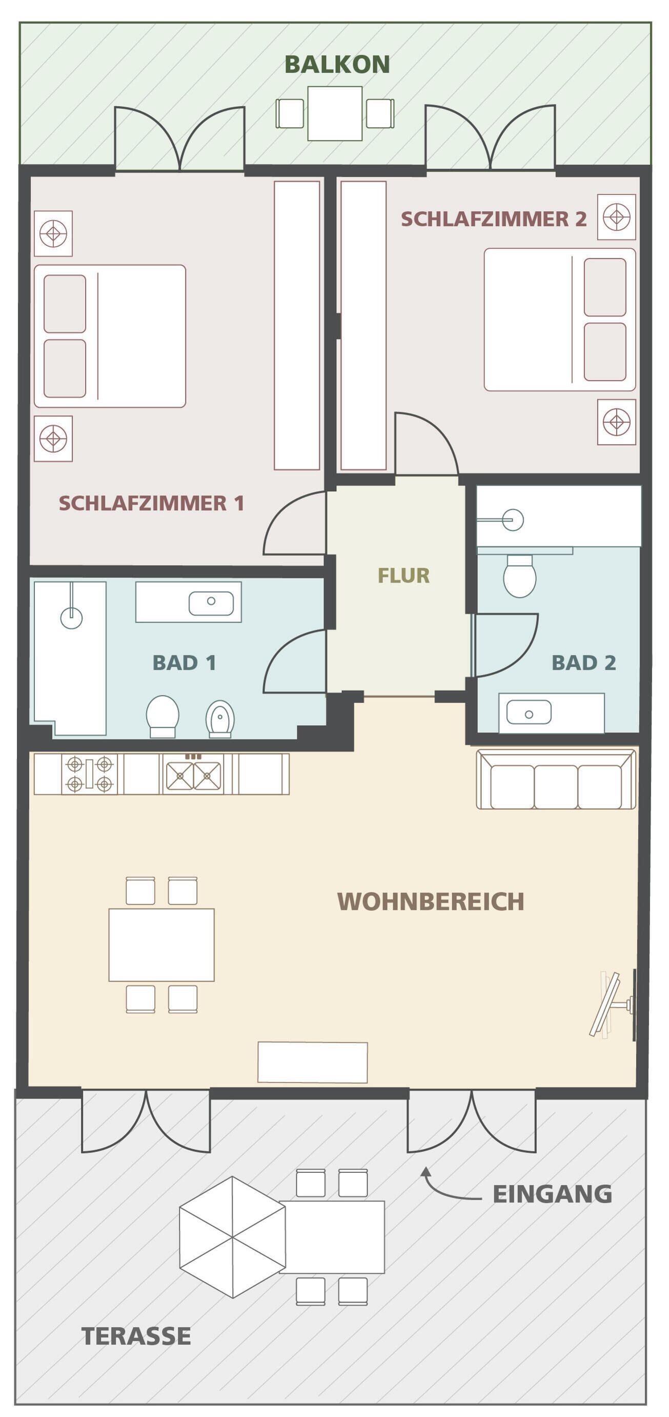 A floor plan with a balcony, two bedrooms, a living area, a kitchen, and a dining area.