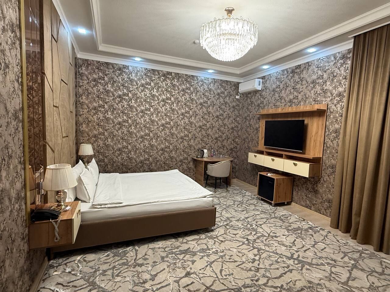 Desk, laptop workspace, blackout curtains, free WiFi
