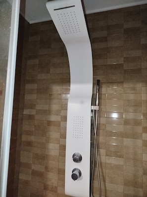 Shower, hair dryer, towels, toilet paper