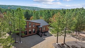Une maison moderne à deux étages, dotée d’un toit en métal et entourée d’une dense forêt de pins, située dans un paysage vallonné.