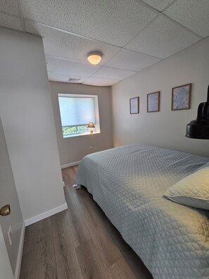 Ein Schlafzimmer mit Bett, Fenster mit Aussicht, Deckenleuchte und gerahmten Bildern an der Wand.
