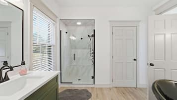 Shower, hair dryer, towels, shampoo