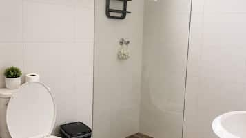 Hair dryer, towels, soap, toilet paper