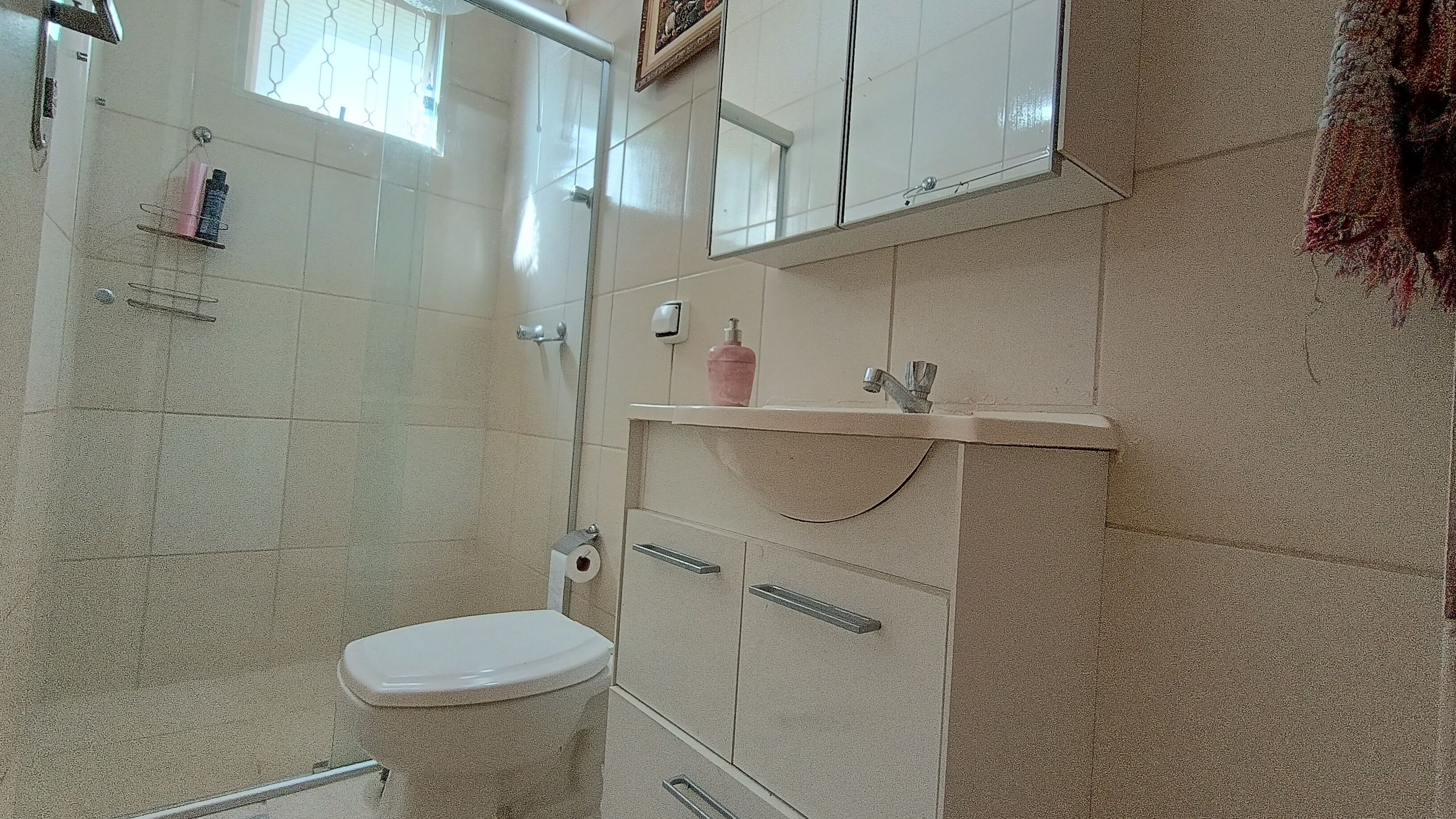 Shower, towels, soap, toilet paper