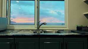 A kitchen with a window overlooking a scenic view, a stainless steel sink, and a coffee station.