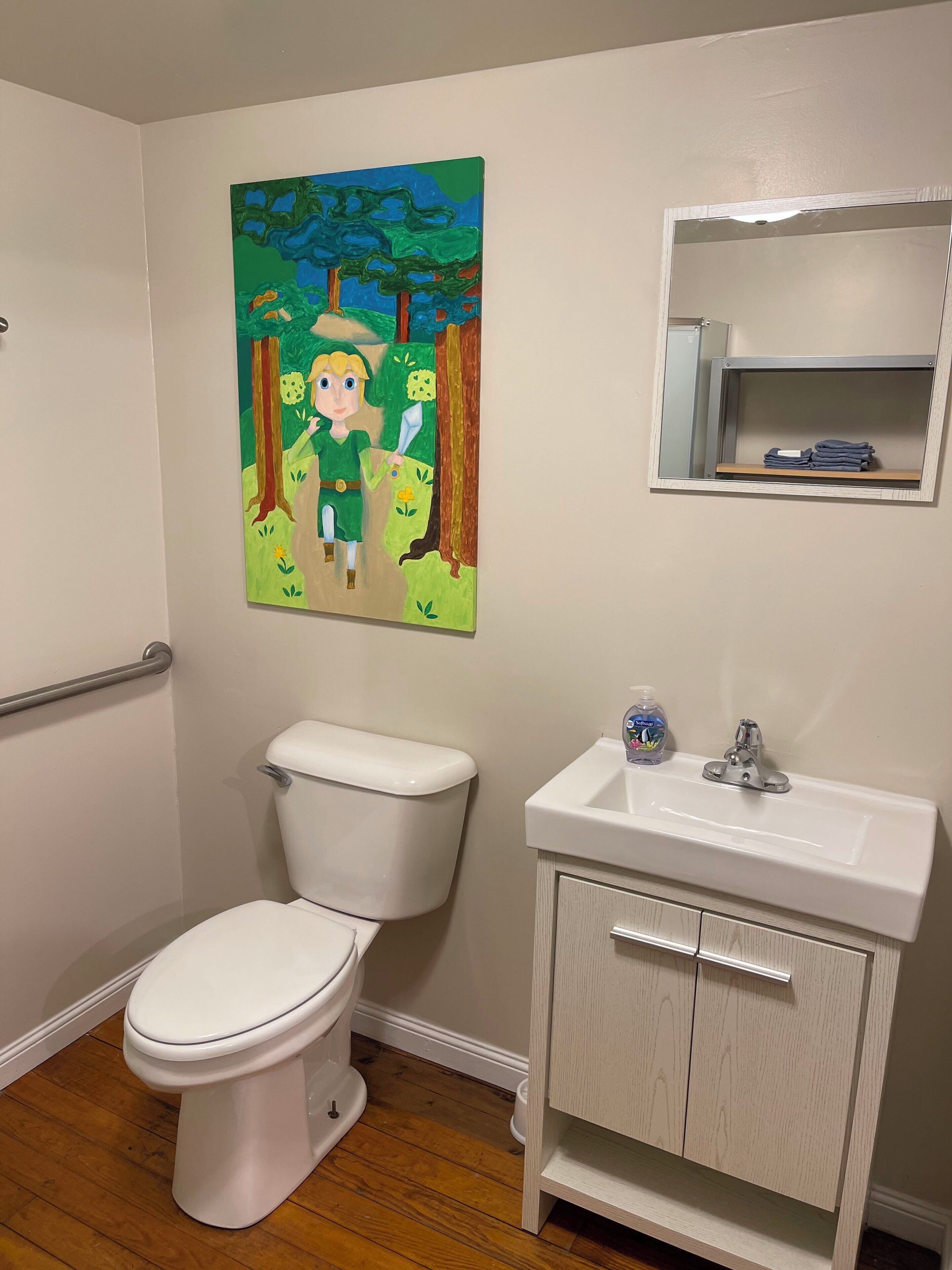 Shower, towels, soap, toilet paper