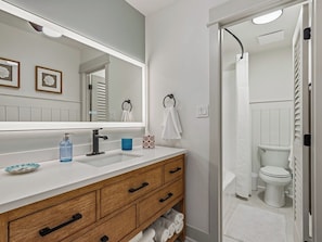 Hair dryer, towels, soap, toilet paper