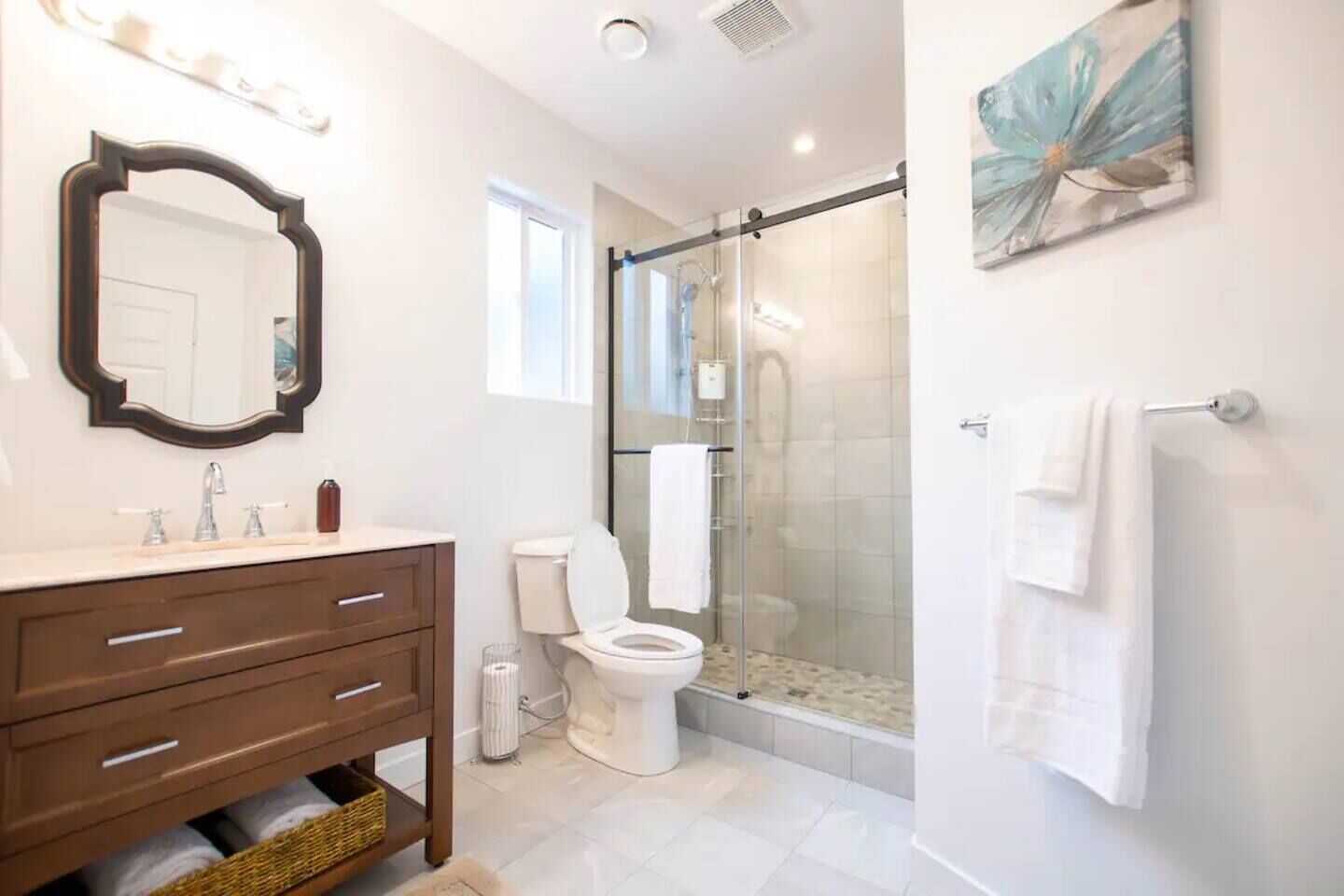 Hair dryer, towels, soap, shampoo