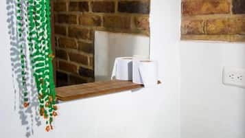 Shower, towels, soap, shampoo
