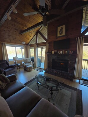 TV, fireplace, DVD player, books