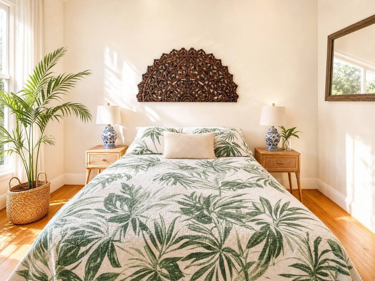 Un dormitorio con una cama, dos mesitas de noche, un adorno en la pared y una planta en maceta.
