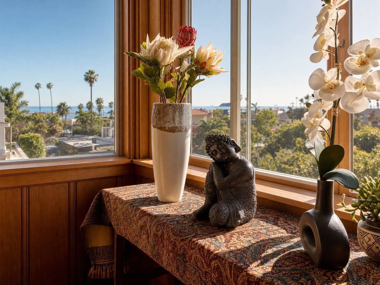 A window with a view of palm trees and a cityscape, a decorative vase with flowers, a Buddha statue, and a patterned cushion on a wooden bench.
