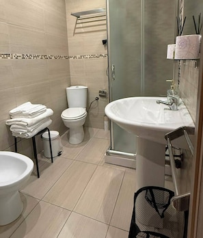 Regadera, secadora de cabello, bidet, toallas 