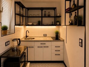 Una cocina compacta con lavamanos, encimera y estantes empotrados.