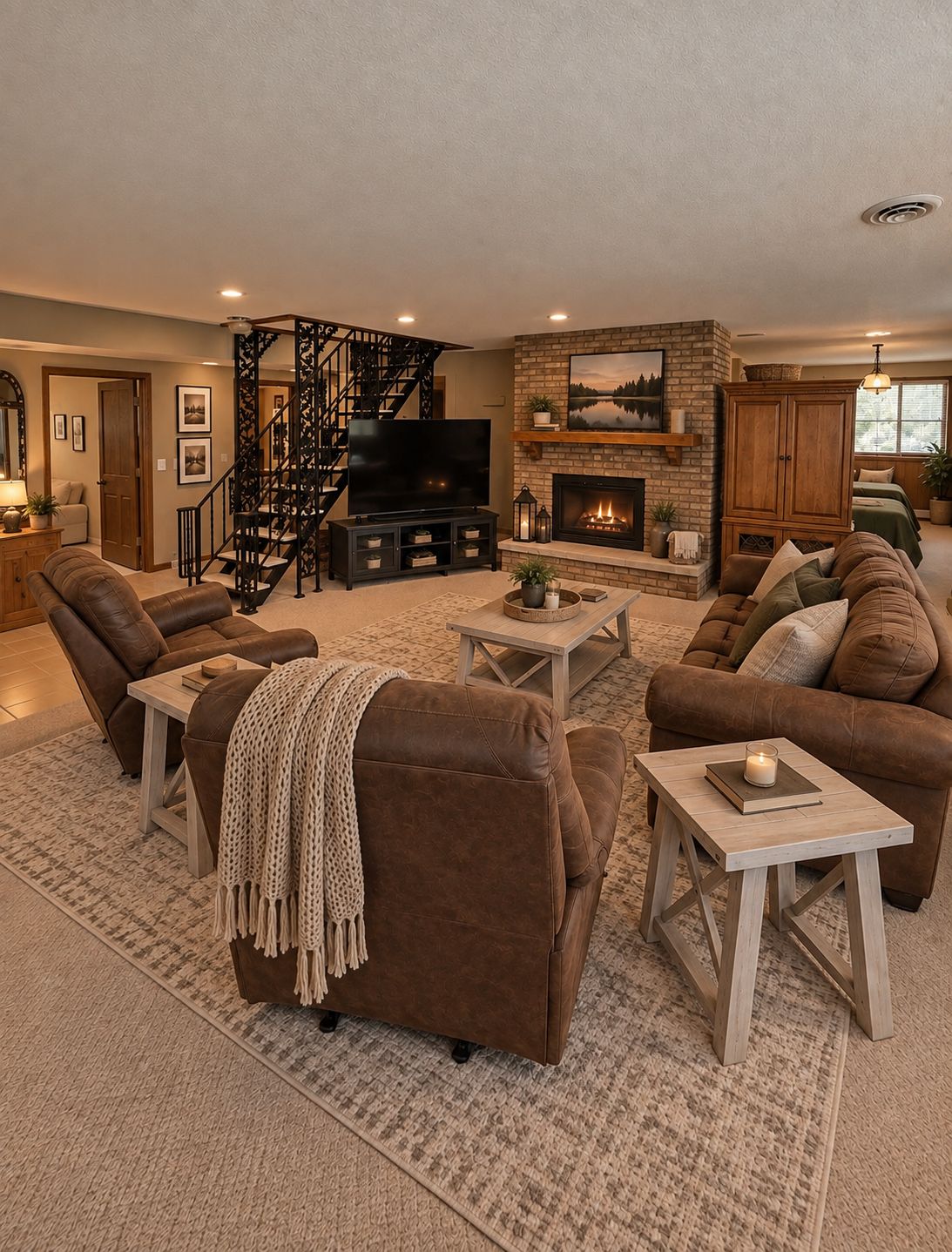 A spacious living room with a fireplace, a staircase, and a television.