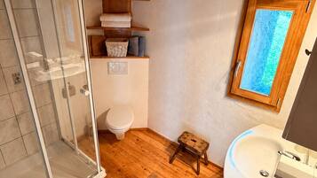 Shower, towels, toilet paper