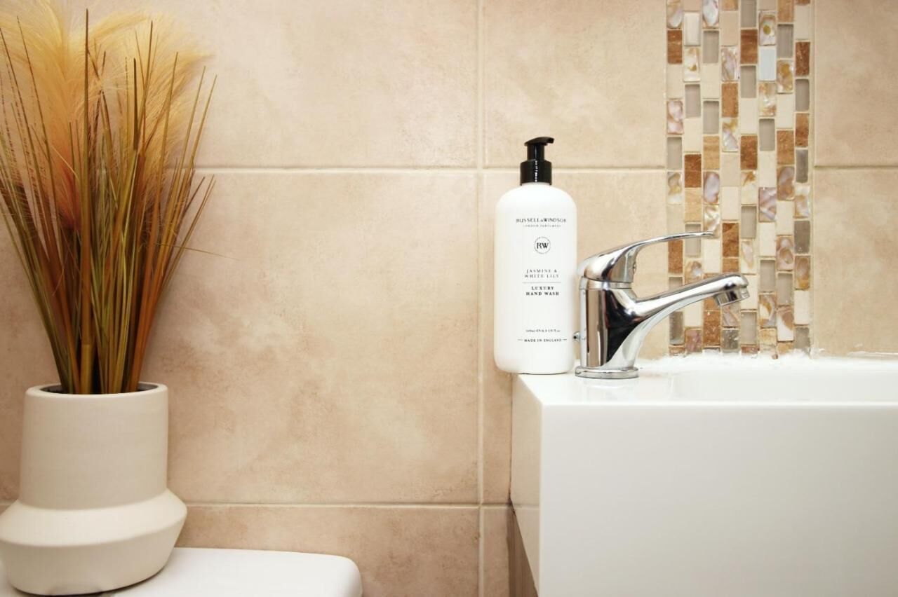 Une salle de bain avec un lavabo blanc, un robinet moderne et un flacon de savon liquide pour les mains.