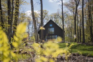 Un chalet moderne entouré d’une forêt.