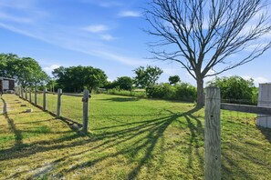 Un área verde cercada con árboles y cielo despejado.