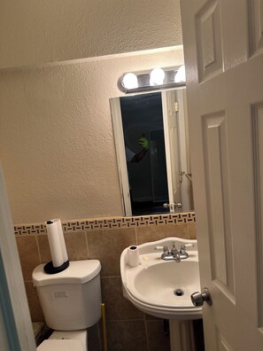 A bathroom with a toilet, sink, and mirror. - 3-bedroom house in delightful Toledo with cool AC and comfort great Location (Toledo)