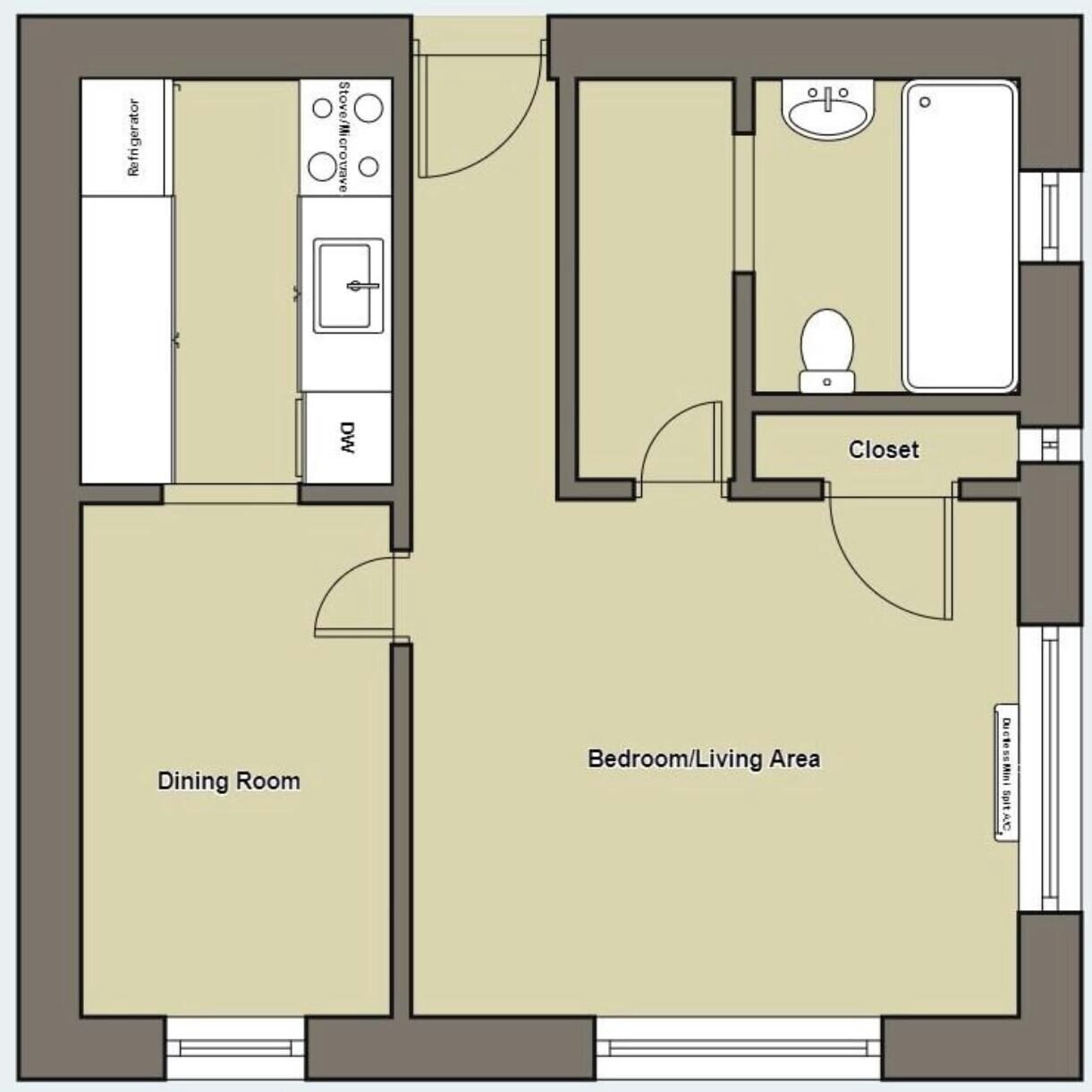 Ein Grundriss mit Esszimmer, Schlaf-/Wohnbereich, Küchenzeile und Badezimmer.