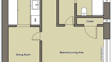 Ein Grundriss mit Esszimmer, Schlaf-/Wohnbereich, Küchenzeile und Badezimmer.