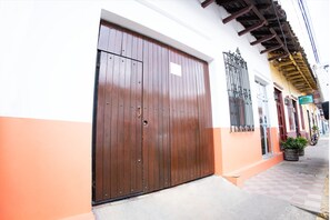 A large wooden door with a metal gate, a small window with bars, and a potted plant on the sidewalk.