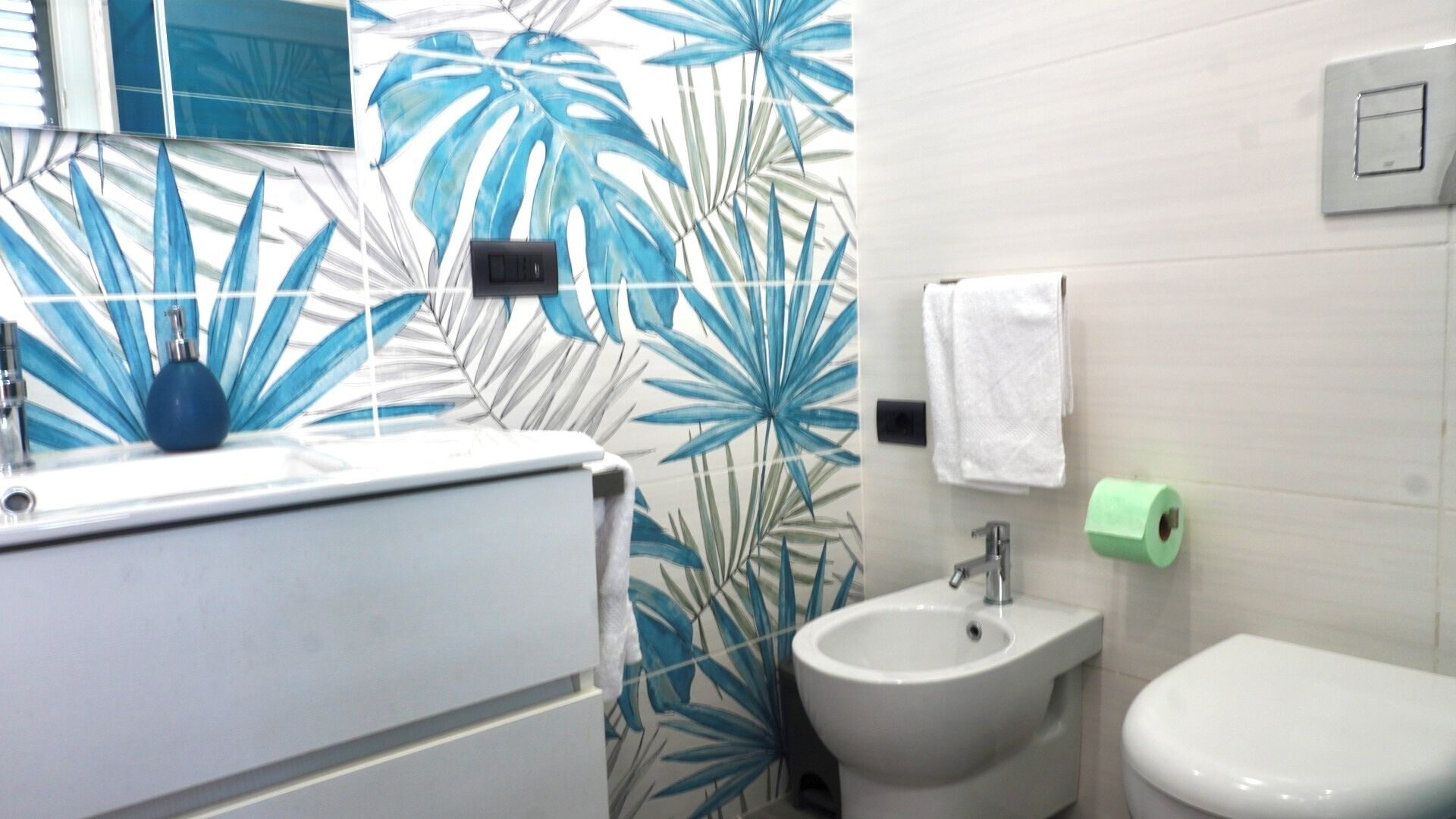 Shower, hair dryer, bidet, towels