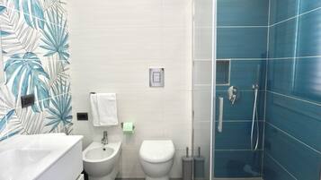 Shower, hair dryer, bidet, towels