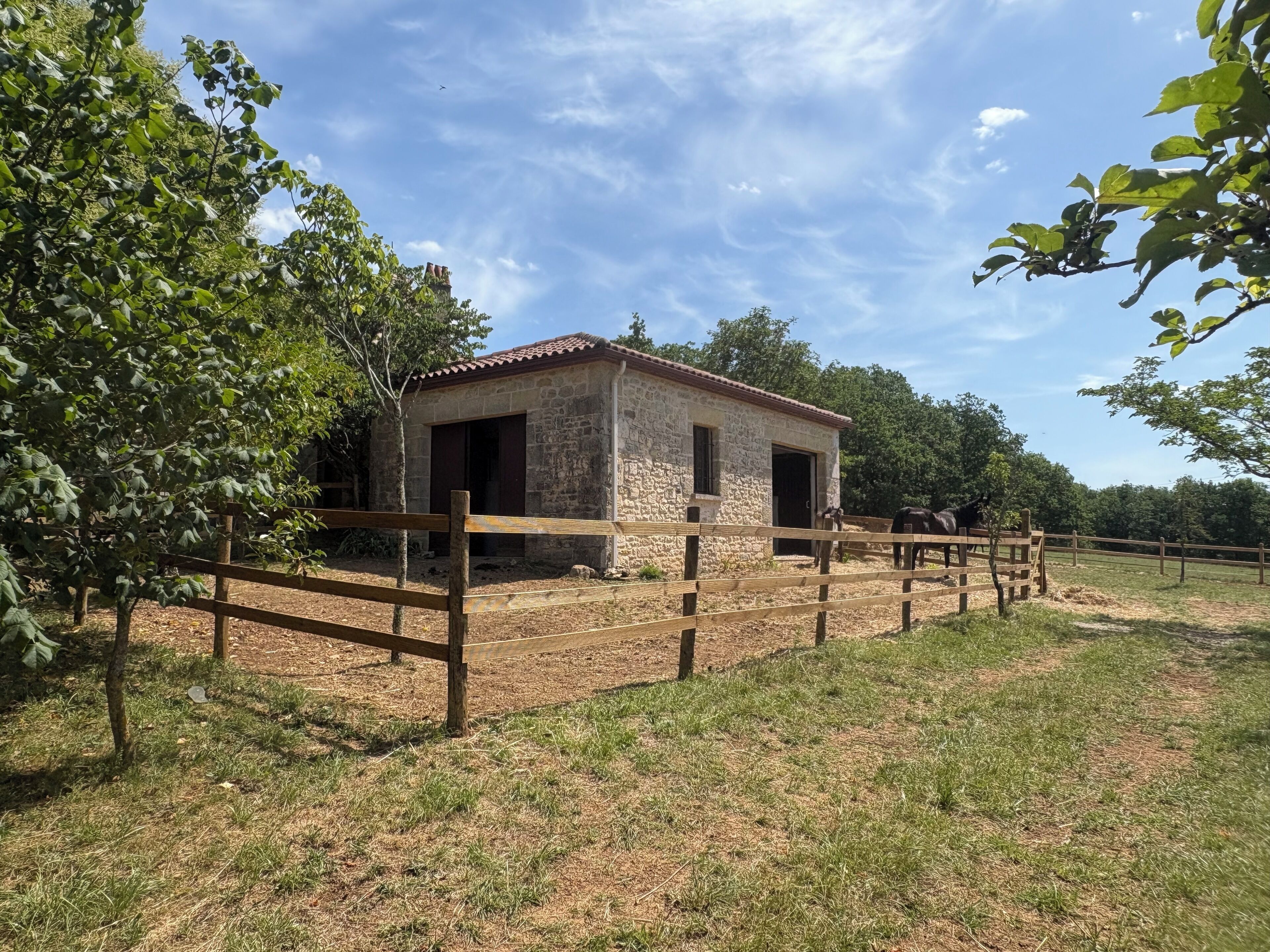 A stone building with a red-tiled roof, surrounded by a wooden fence, and two horses in the background.