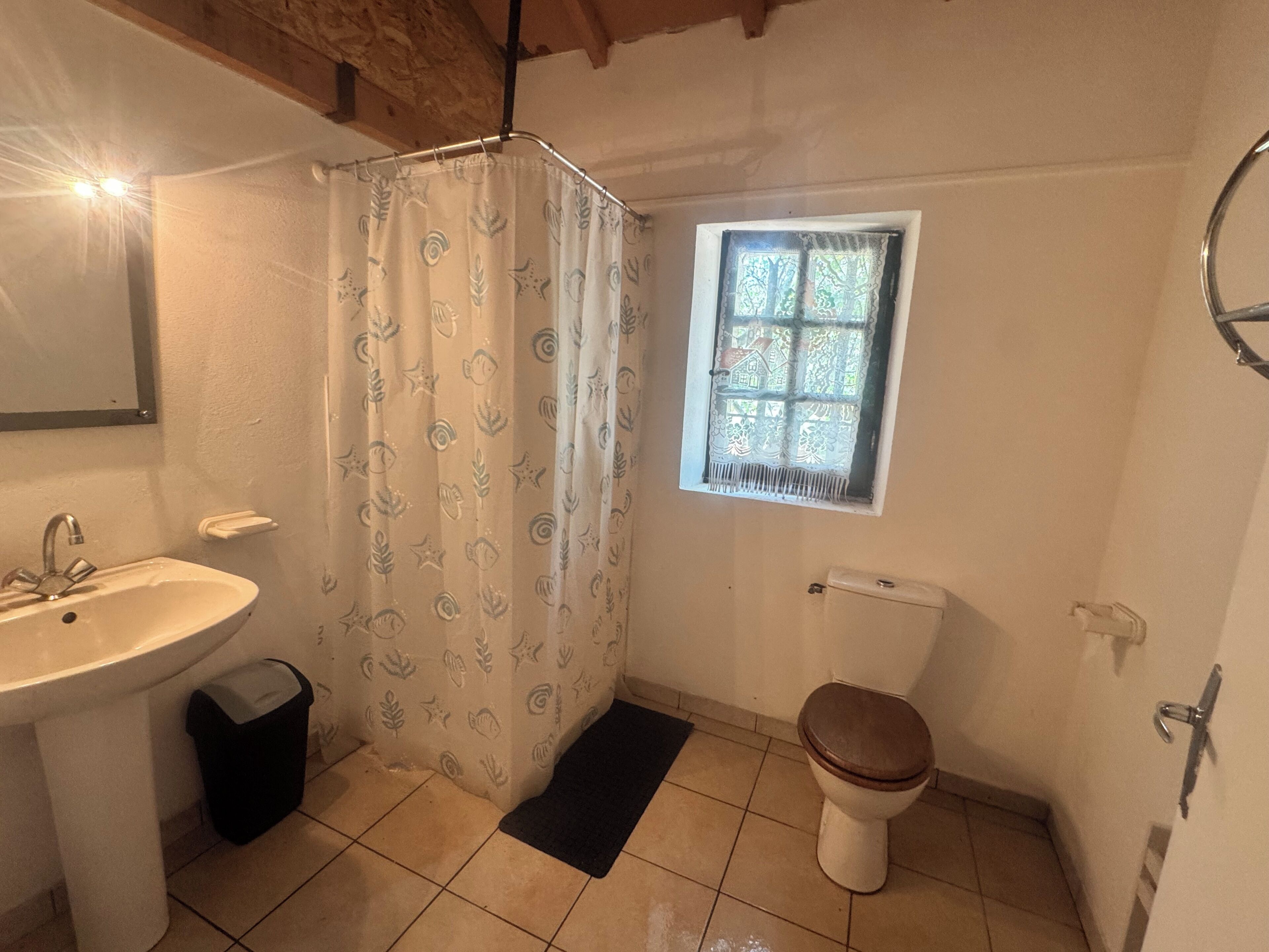 Regadera, toallas, jabón, papel de baño 