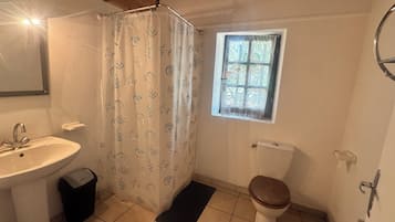 Regadera, toallas, jabón, papel de baño