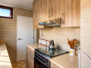 A kitchen with wooden cabinets, a stove, and a window.