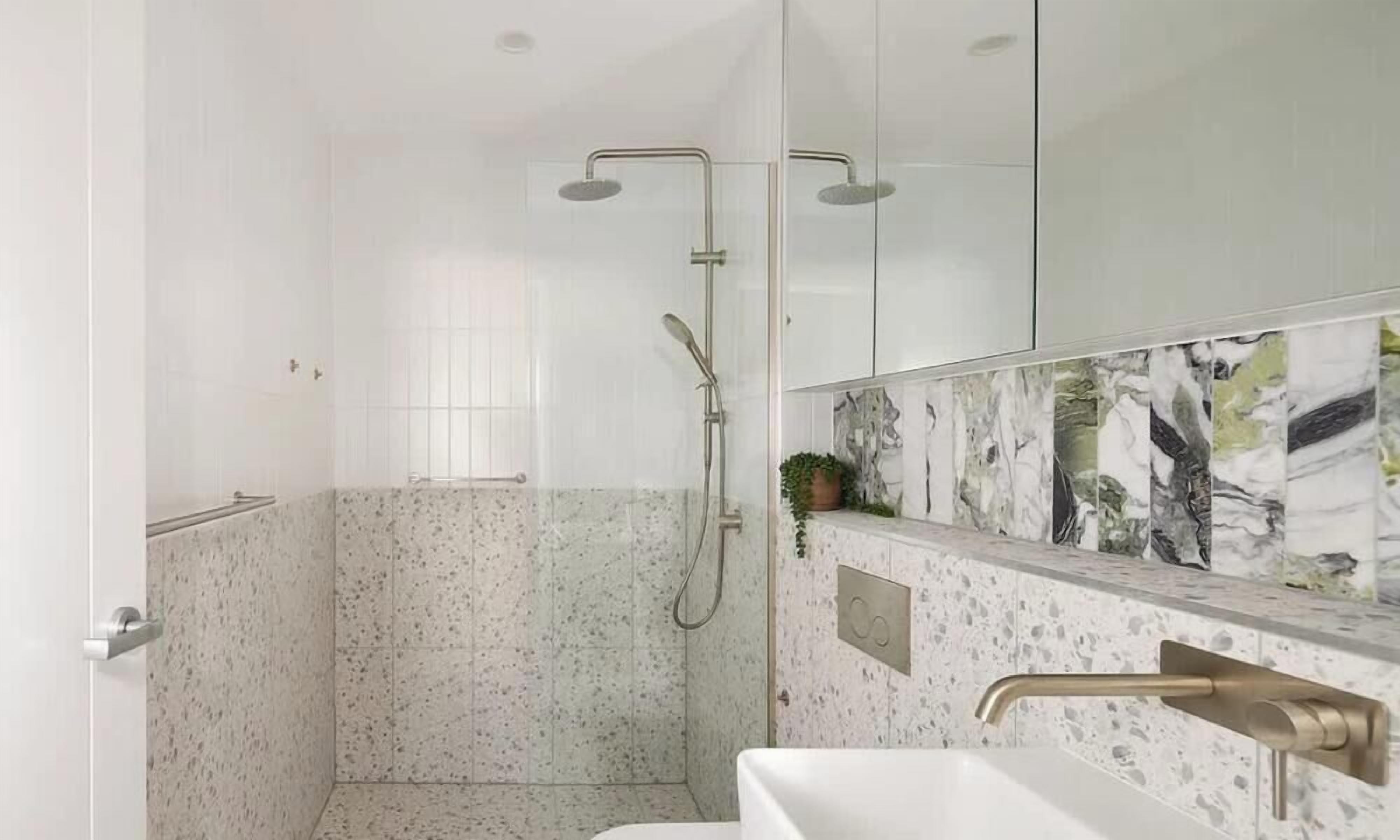 Shower, hair dryer, towels, shampoo