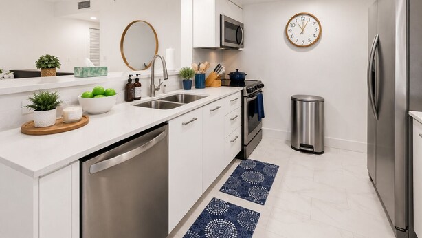 Una cocina moderna con armarios blancos, electrodomésticos de acero inoxidable, un microondas y un reloj en la pared.