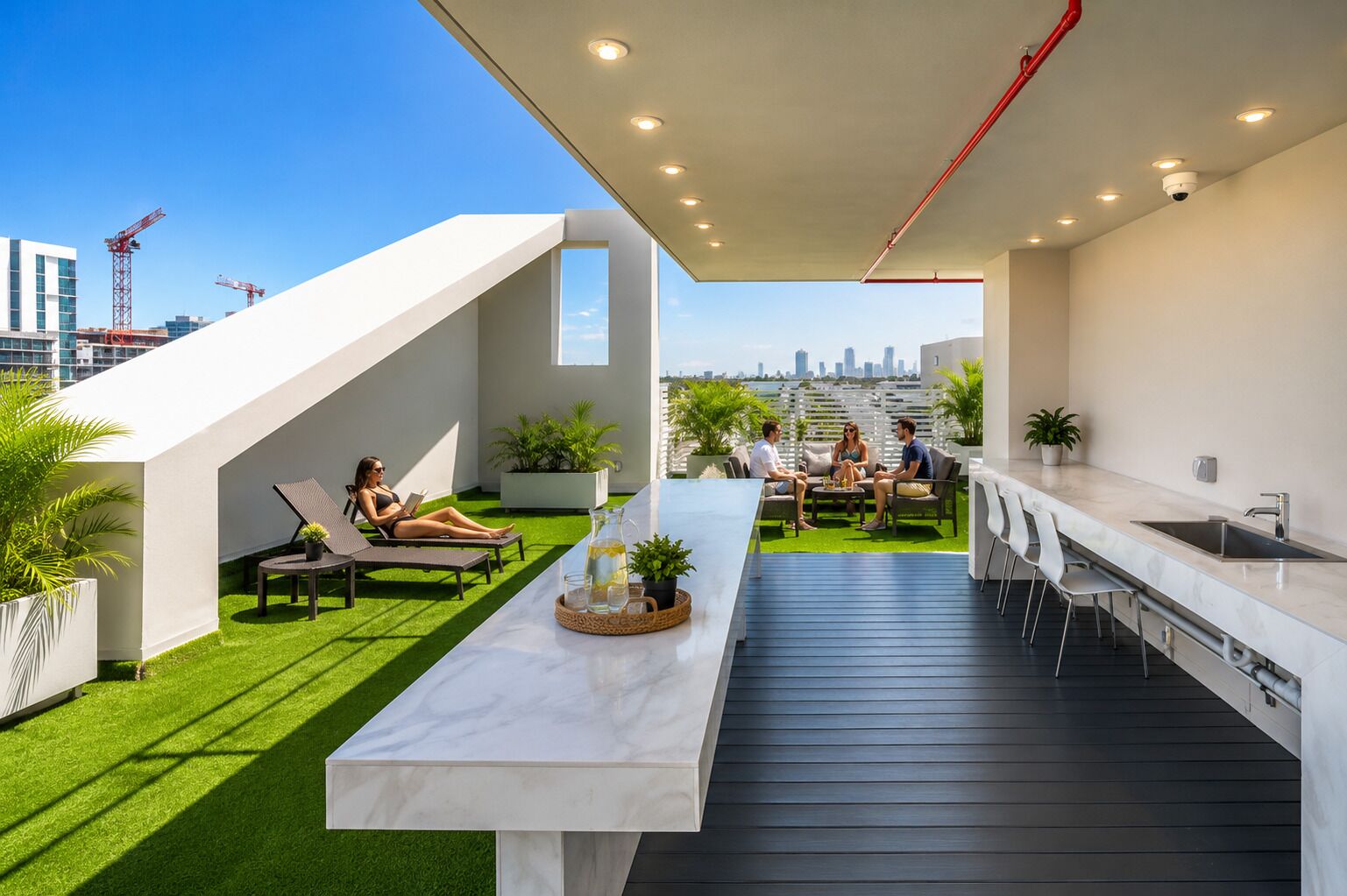 A rooftop terrace with a long table, seating areas, and a city skyline view.