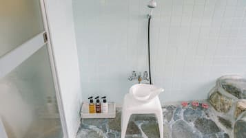 Hair dryer, bidet, towels, soap