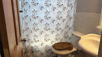Hair dryer, towels, soap, toilet paper