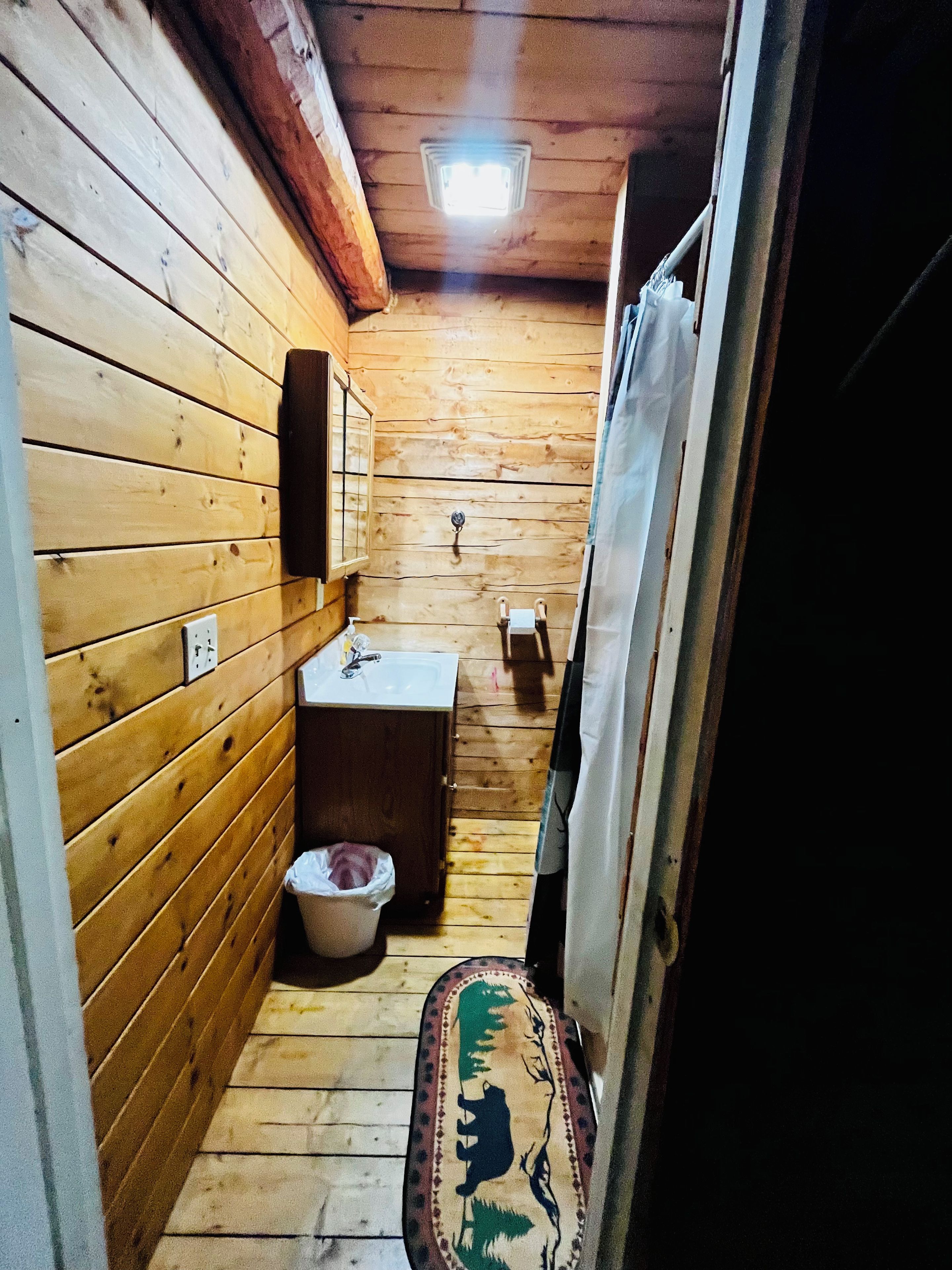 A narrow wooden bathroom with a sink, a toilet, and a shower curtain.