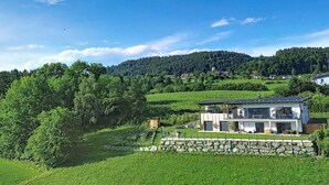 A modern house with a stone foundation, surrounded by lush green fields and a forested hill in the background. - Karawanken Panorama by Interhome (Ludmannsdorf)